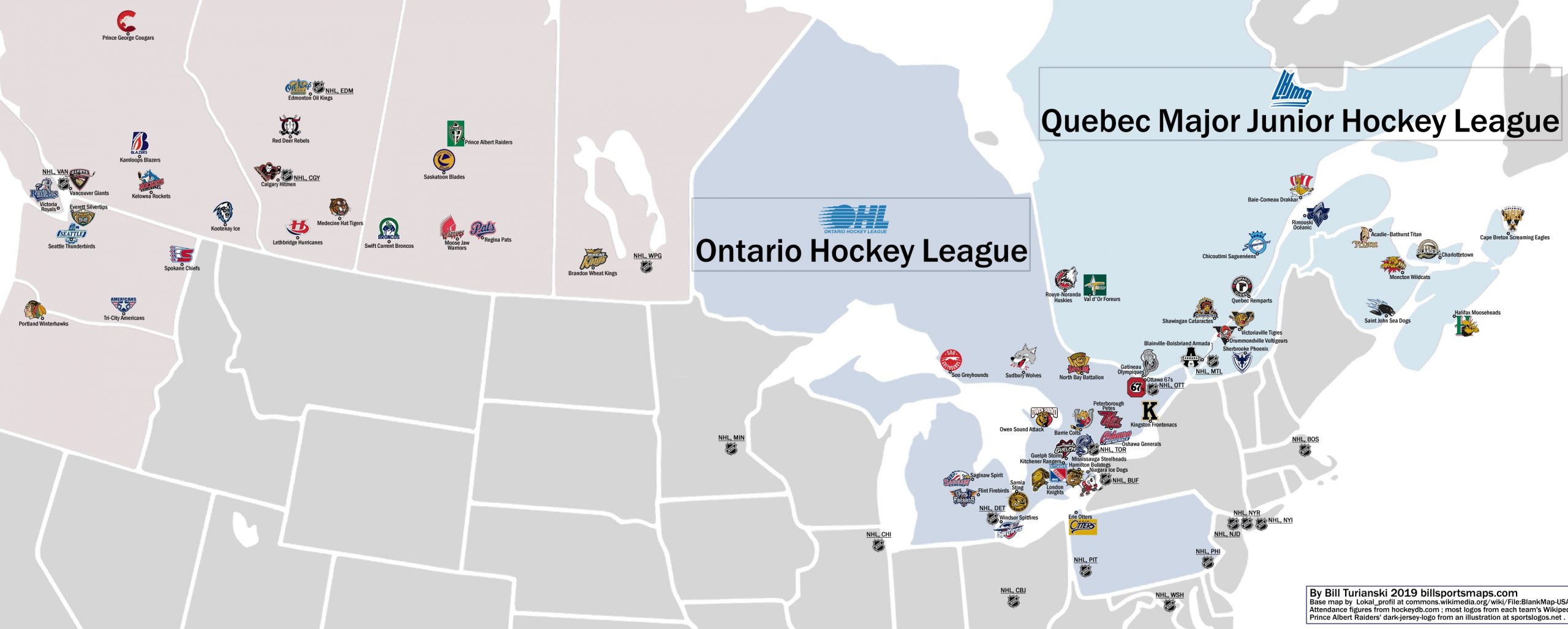 Canadian Hockey League: location maps for WHL, OHL, and QMJHL teams (60  teams) and 2011-12 attendance data. Plus the top 3 highest drawing teams,  the top 10-highest percent-capacities, and the Shawingan Cataractes –